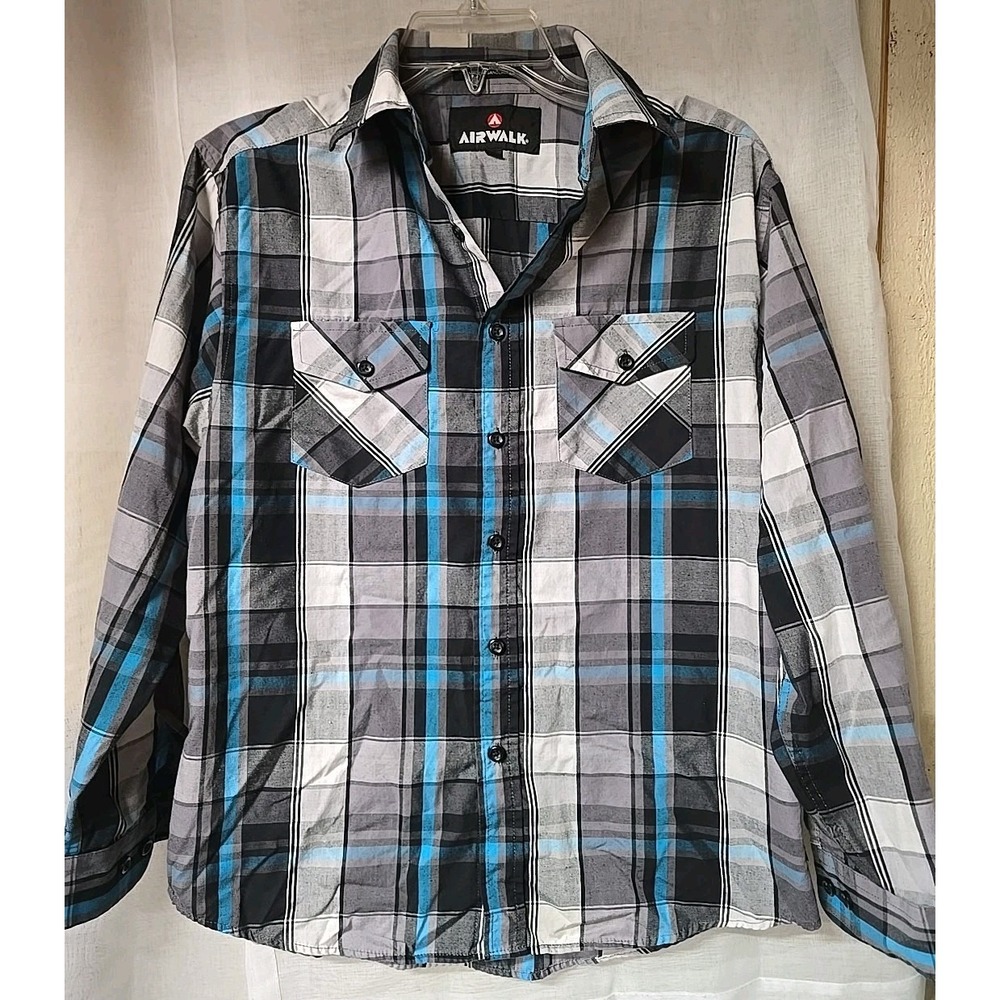AIRWALK Boy's Button Down Plaid Multicolor Blue Black Long Sl Shirt sz 14/16 GUC